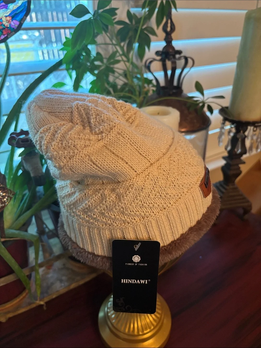 Hindawi Cream Knit Beanie Hat with Faux Fur Trim